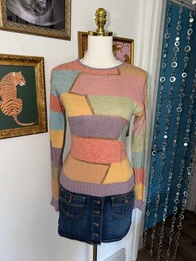 Vintage Pastel Colorblock Knit Sweater - Long Sleeve